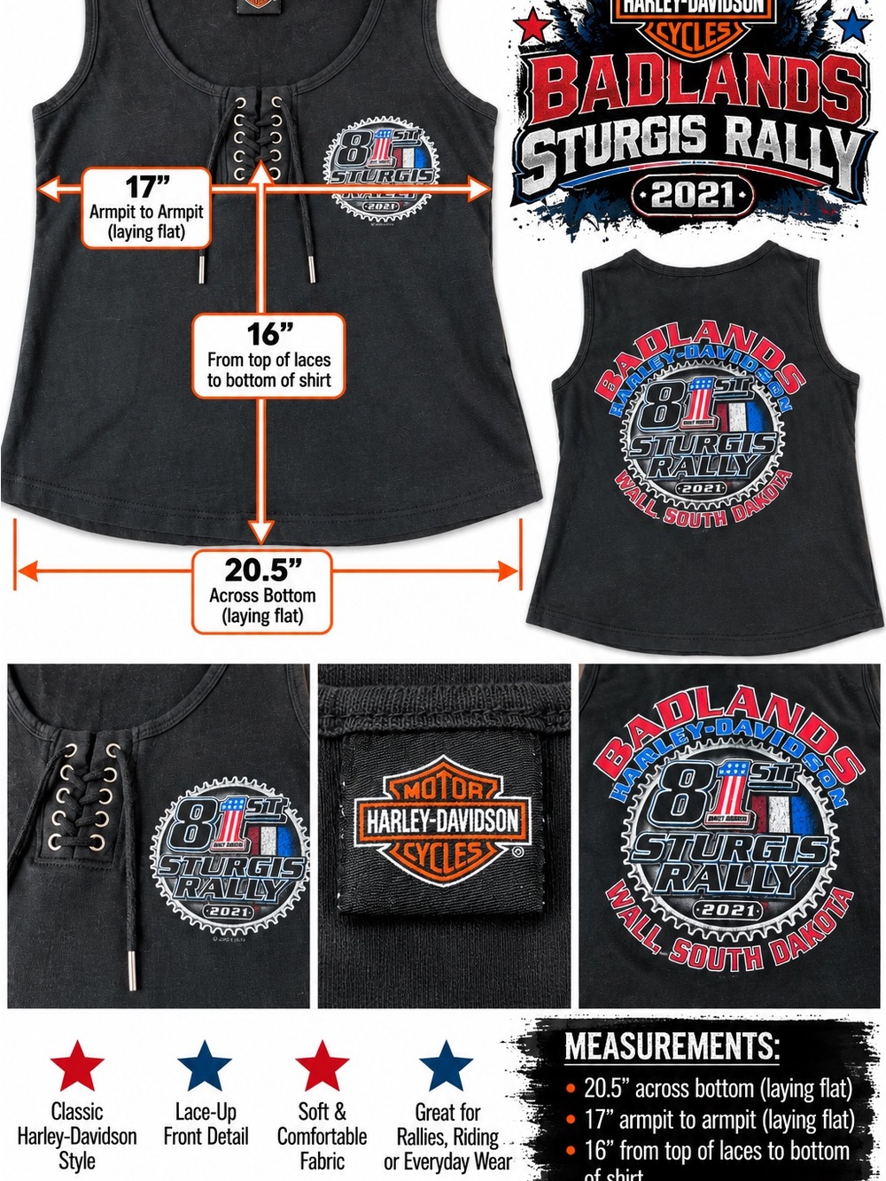 Harley-Davidson Black Lace-Up Tank Top with Red, White & Blue Sturgis Graphic